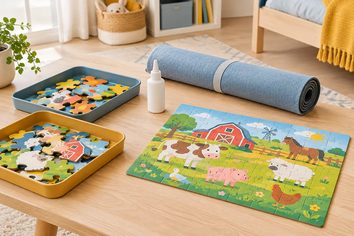 Tapis enroulé, colle et plateaux de tri à côté d’un puzzle enfant à grosses pièces sur une table claire