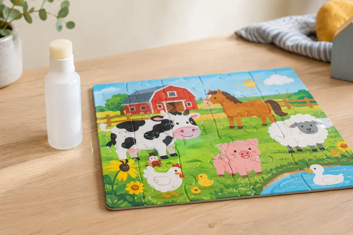 Flacon de colle pour puzzle avec applicateur en mousse à côté d’un puzzle enfant terminé à grosses pièces illustré d’animaux de la ferme