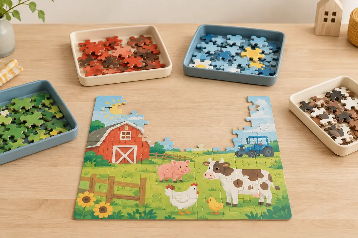 Plateaux de tri garnis de très grosses pièces autour d’un puzzle enfant illustré d’une ferme, en cours d’assemblage sur une table claire