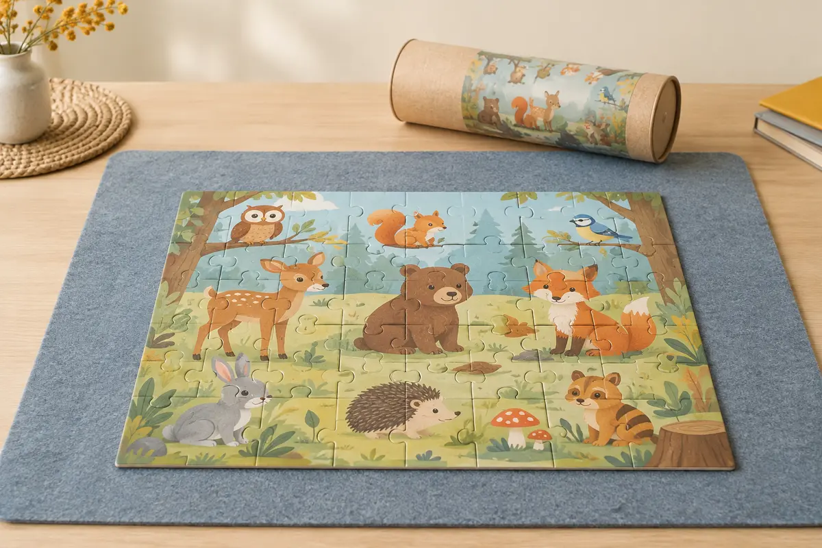 Puzzle enfant à très grosses pièces illustré d’animaux de la forêt, assemblé sur un tapis de feutre déroulé, avec un tube de rangement