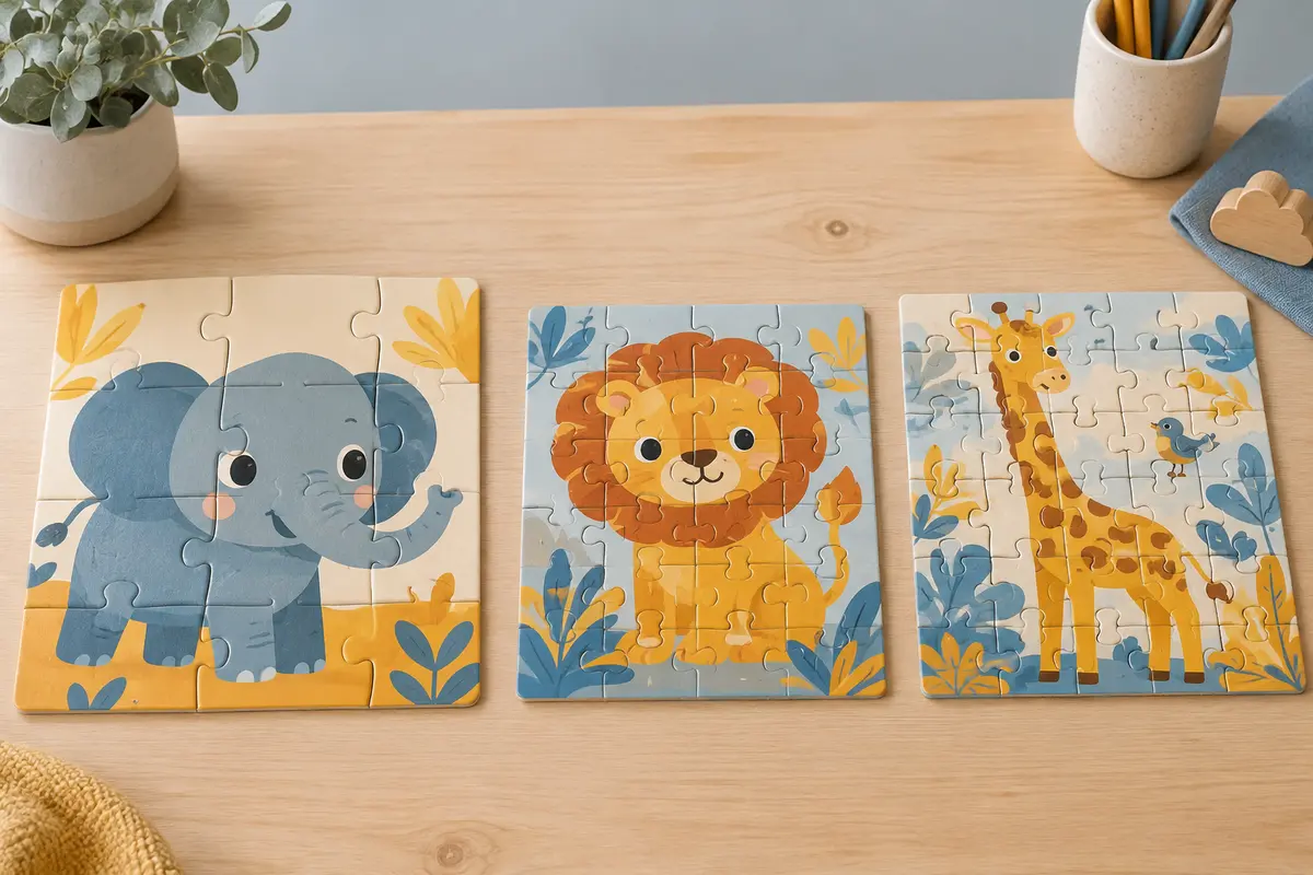 Trois puzzles enfants de plus en plus découpés, illustrés d’un éléphant, d’un lion et d’une girafe, posés à plat sur une table claire.