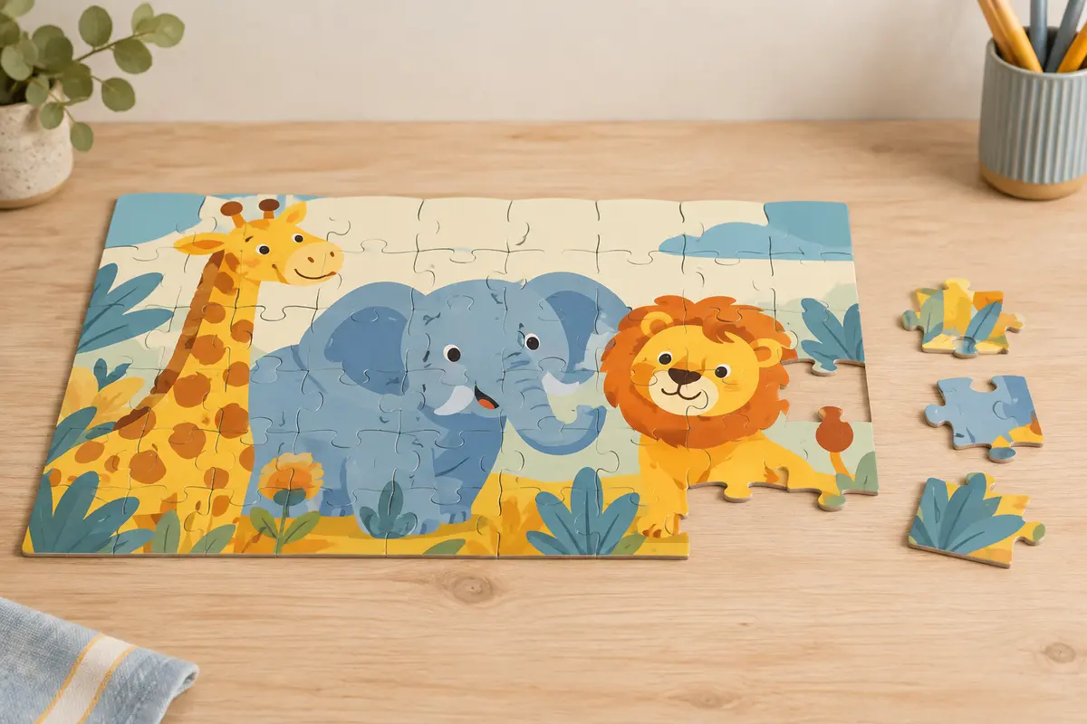 Puzzle enfant à grosses pièces aux animaux de la savane, presque terminé, avec trois pièces libres sur une table claire.