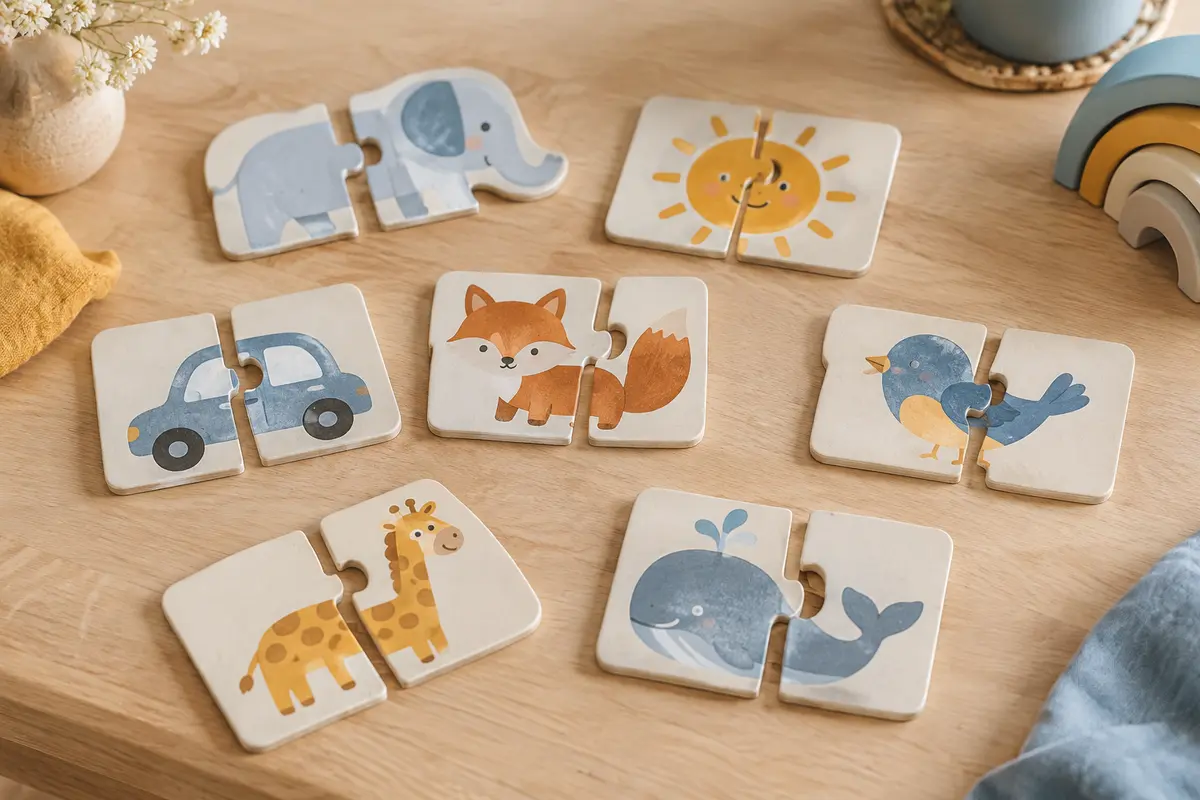 Paires de pièces illustrées d’un puzzle duo disposées sur une table claire