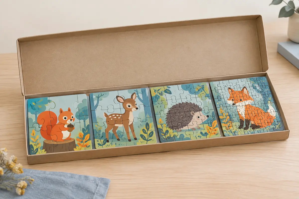 Coffret ouvert de quatre puzzles progressifs d’animaux de la forêt, de plus en plus découpés, assemblés côte à côte.