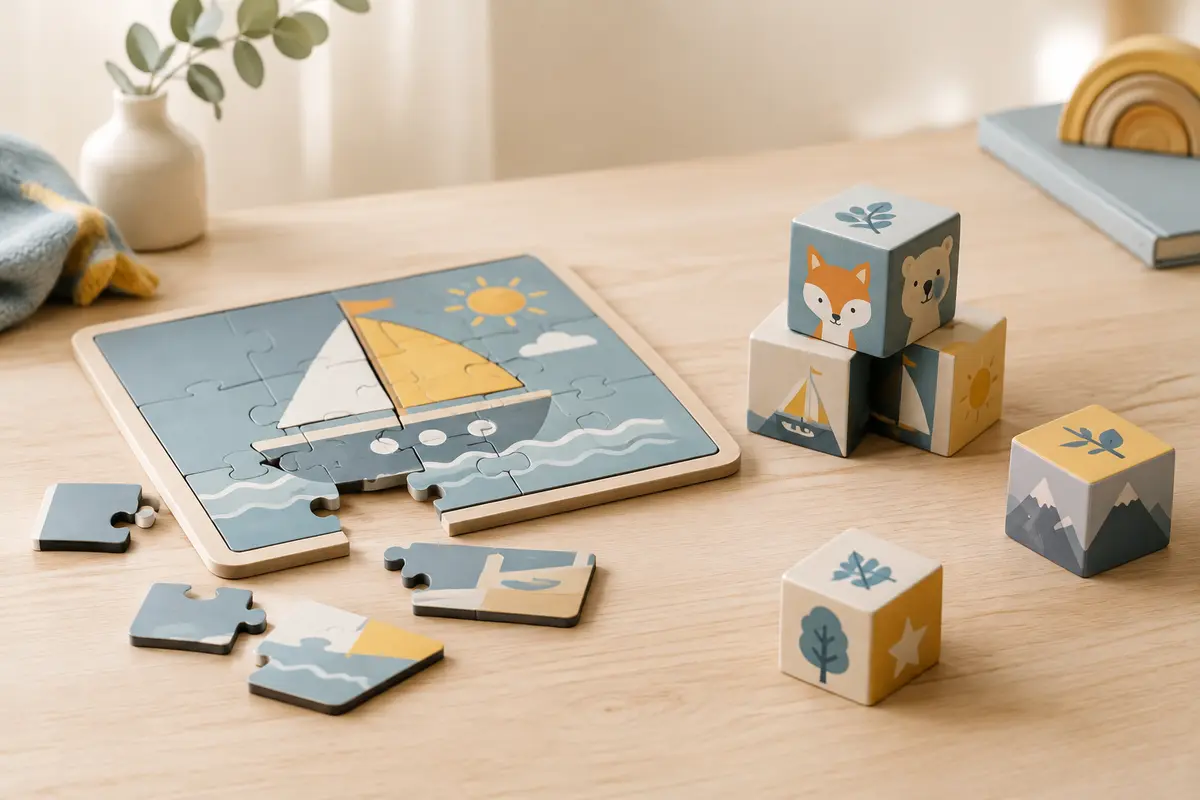 Pièces de puzzle magnétique et cubes illustrés posés sur une table en bois clair