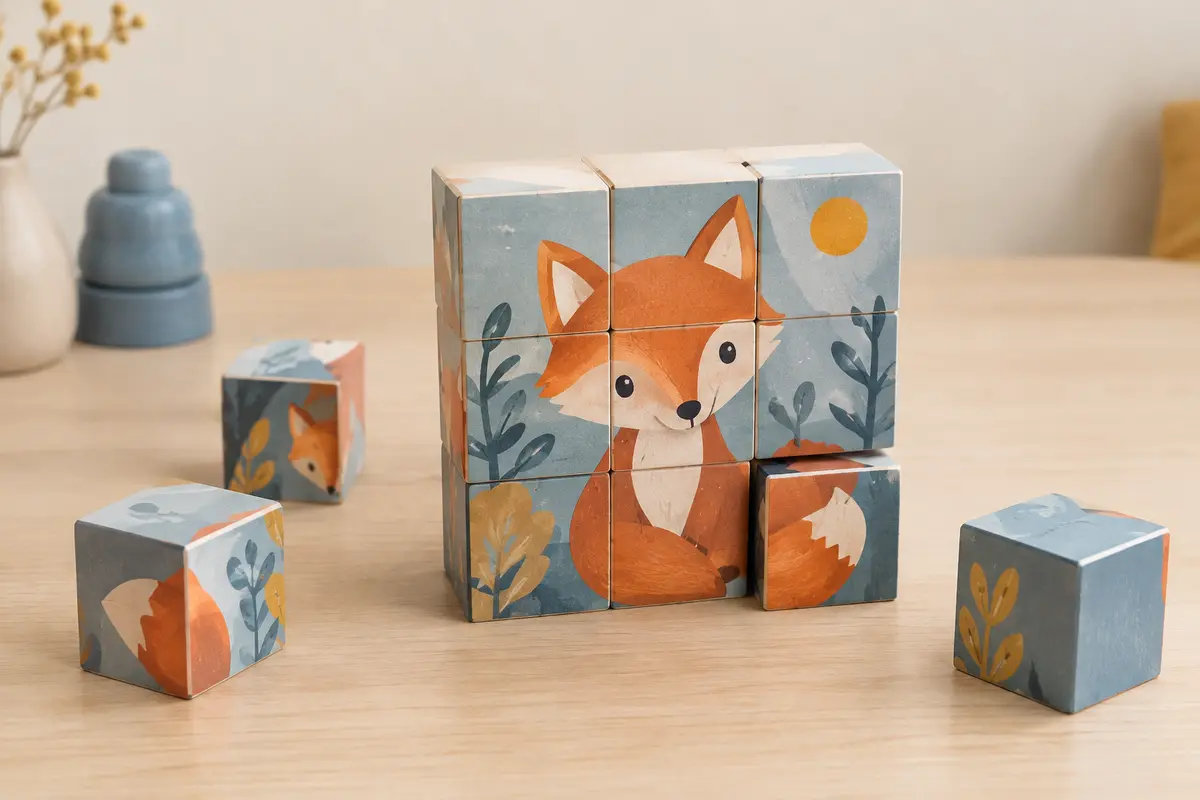 Cubes illustrés d’un puzzle à cubes disposés près d’une image partiellement composée
