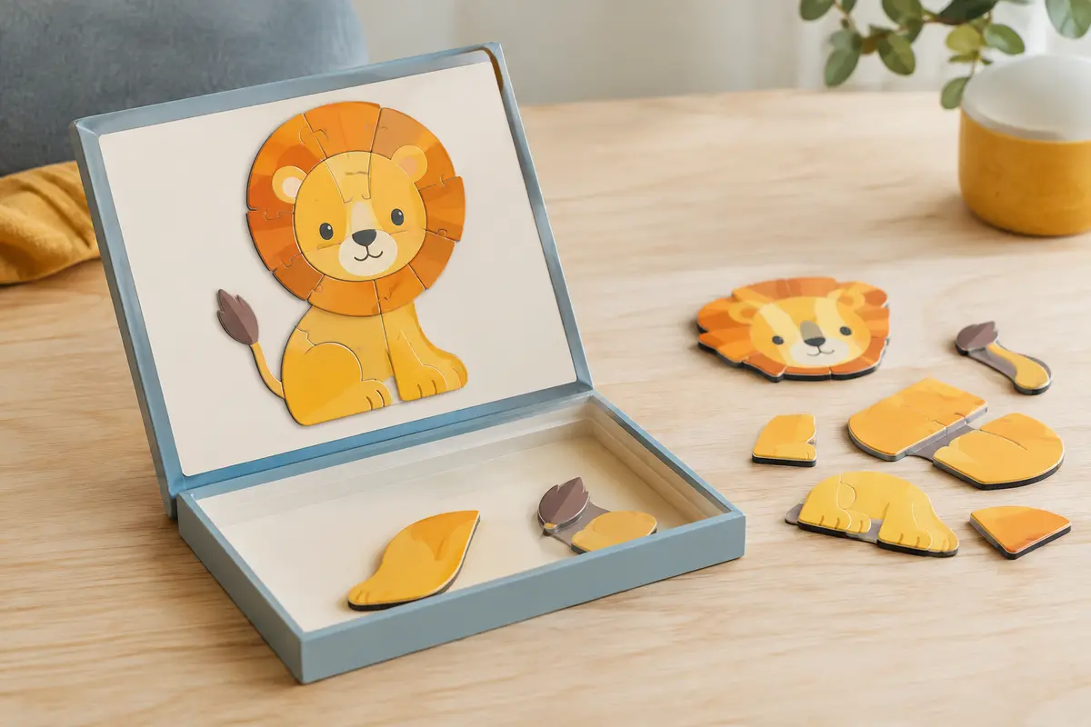 Puzzle magnétique ouvert avec pièces aimantées illustrées sur une surface claire