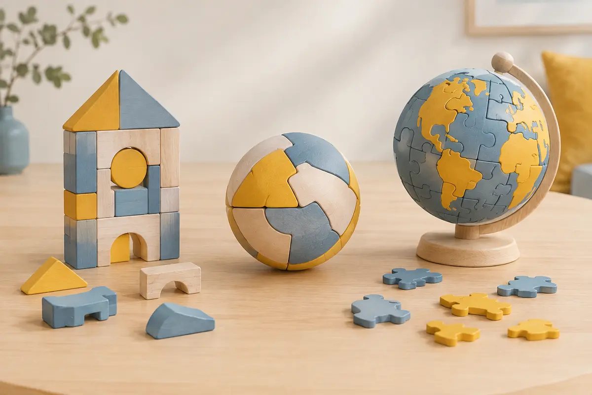 Puzzle 3D, puzzle balle et globe à assembler présentés sur une table claire