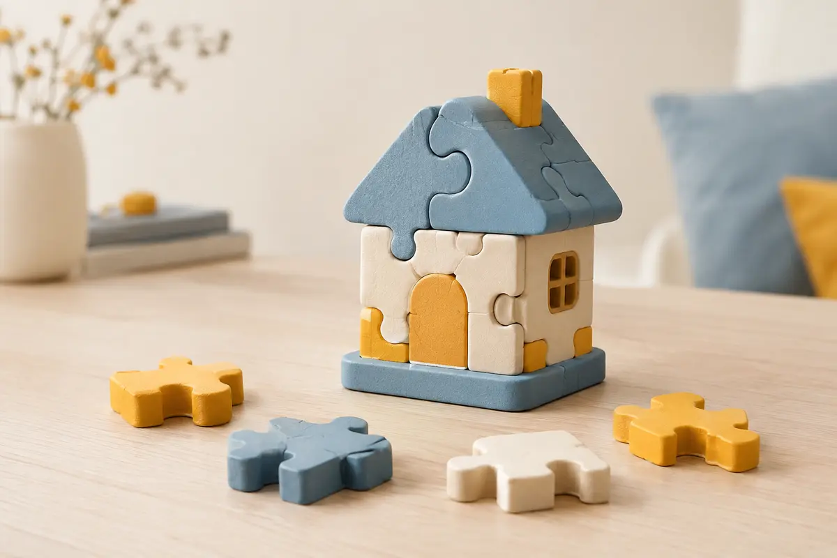 Structure de puzzle 3D assemblée avec quelques pièces sur une table claire
