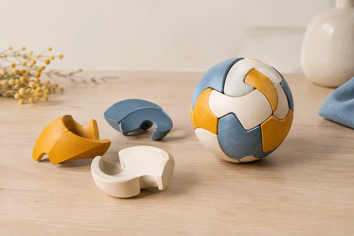 Puzzle balle en forme de sphère accompagné de pièces courbes sur fond clair