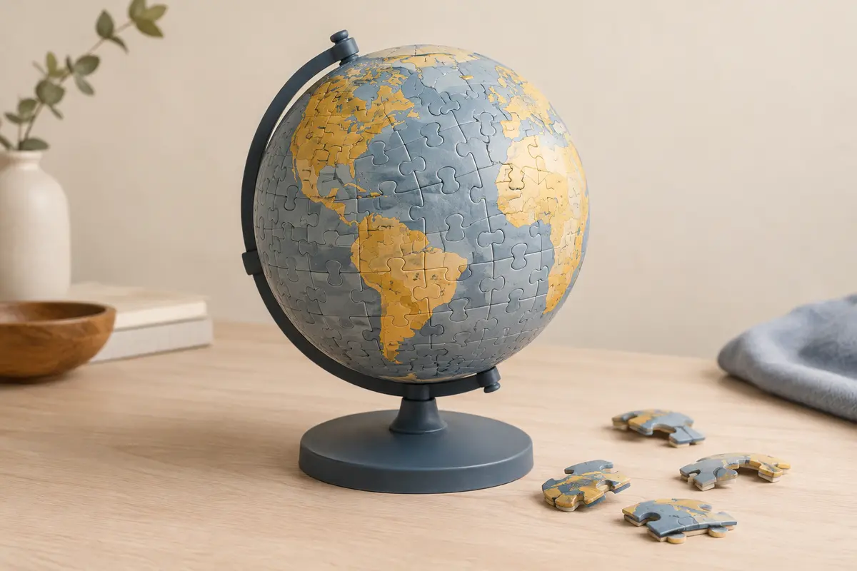 Globe puzzle assemblé sur son support avec pièces courbes disposées à côté