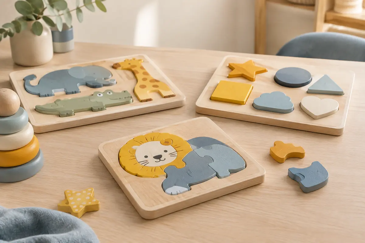 Puzzles d’éveil colorés et pièces épaisses disposés sur une table claire