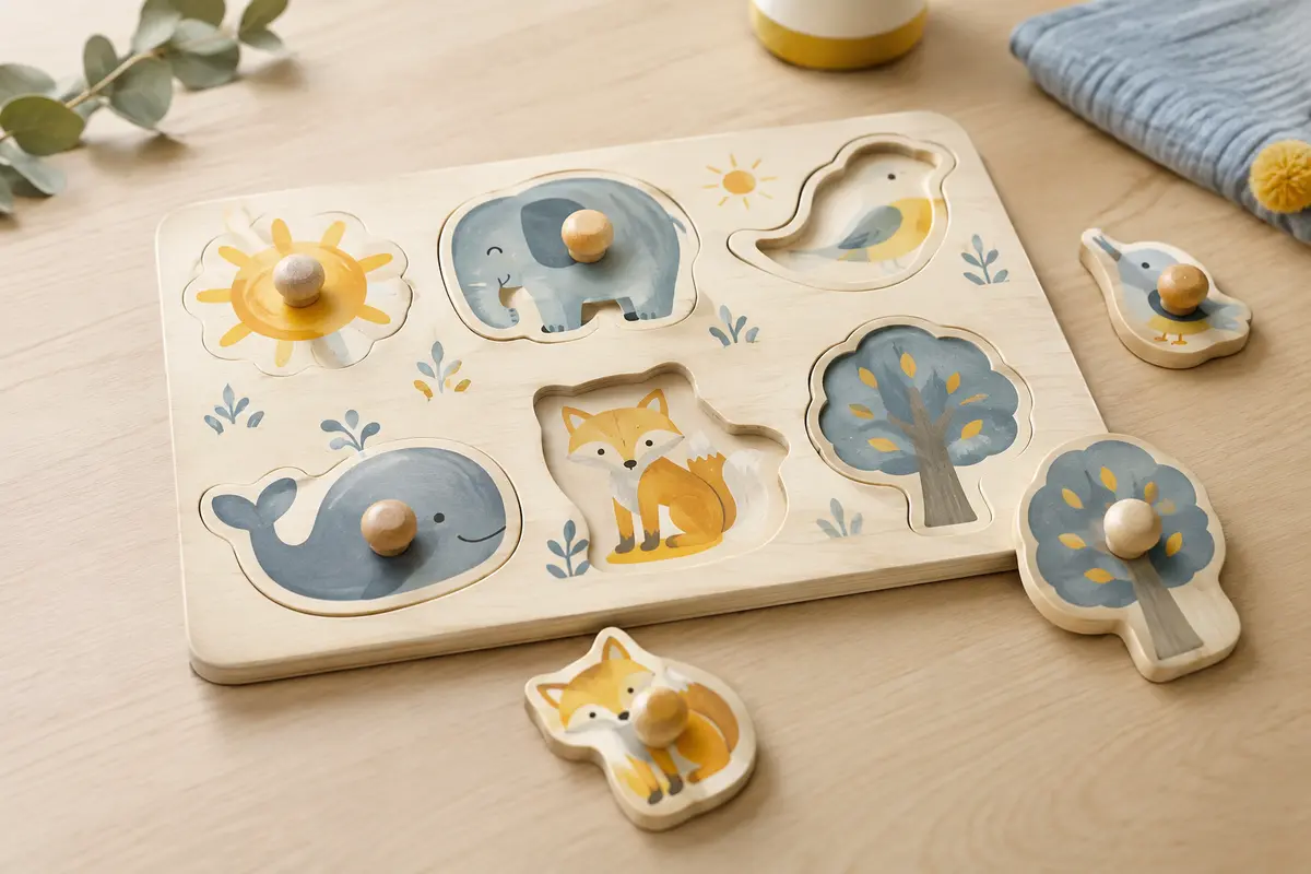 Puzzle à boutons en bois avec pièces à poignée posées près du plateau