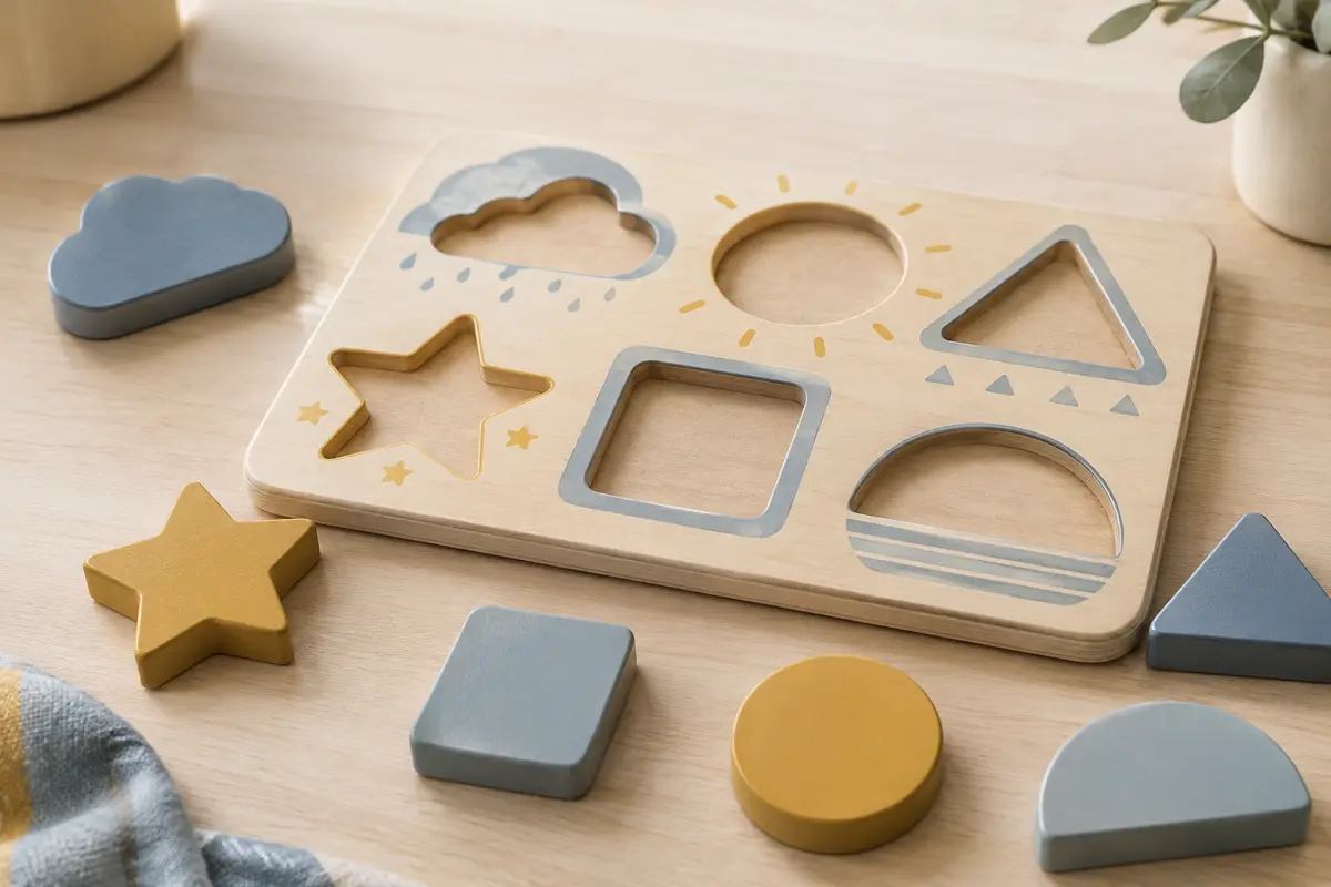 Puzzle à encastrement avec pièces épaisses colorées sur une table en bois clair