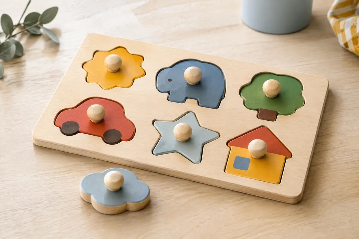Puzzle en bois à boutons sur un plateau, avec une pièce posée à côté pour montrer sa prise.