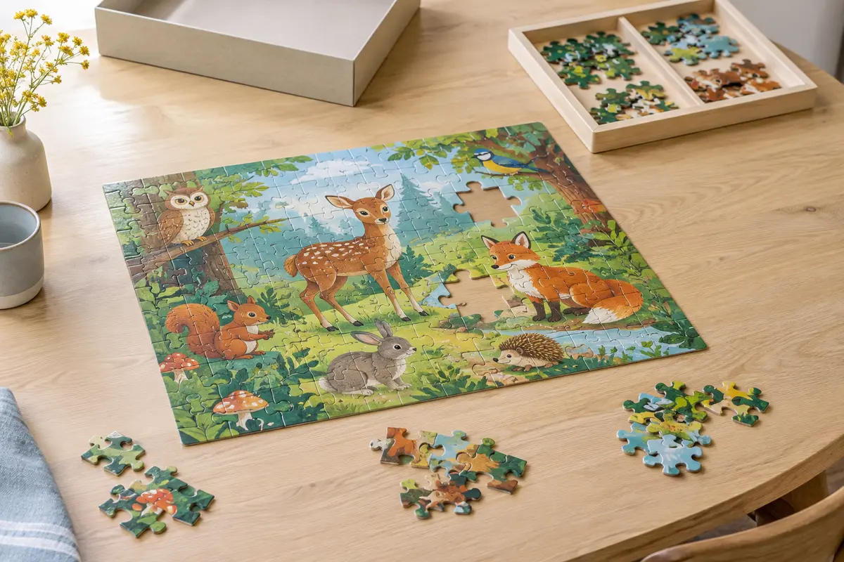 Puzzle pour enfant partiellement assemblé, avec des pièces triées à côté sur une table claire