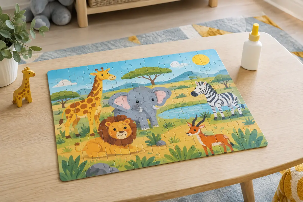 Puzzle enfant à grosses pièces représentant des animaux de la savane, posé à plat à côté d’un flacon de colle à puzzle