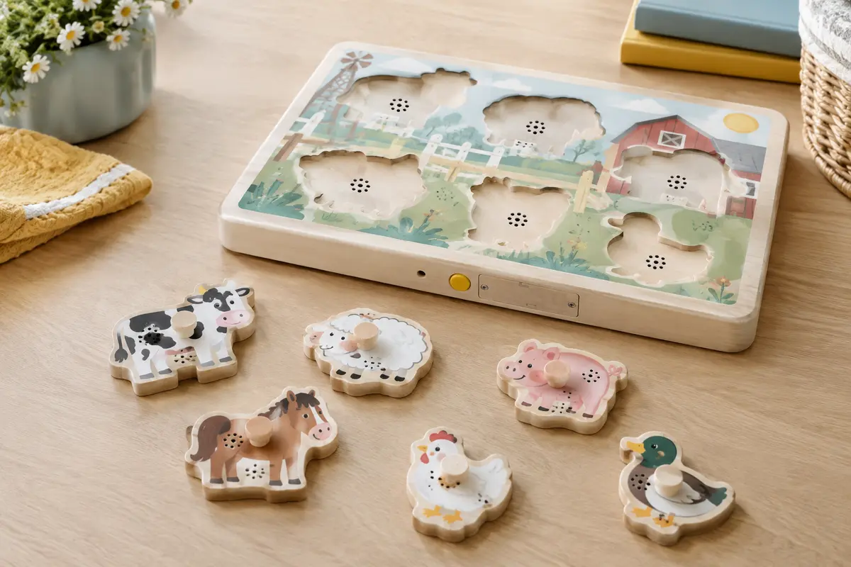 Puzzle sonore en bois avec pièces d’animaux posées près du plateau et compartiment à piles fermé
