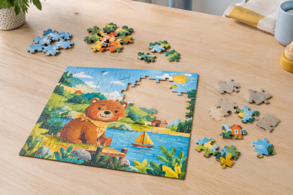 Puzzle enfant partiellement assemblé, avec des pièces triées et une illustration colorée aux zones distinctes