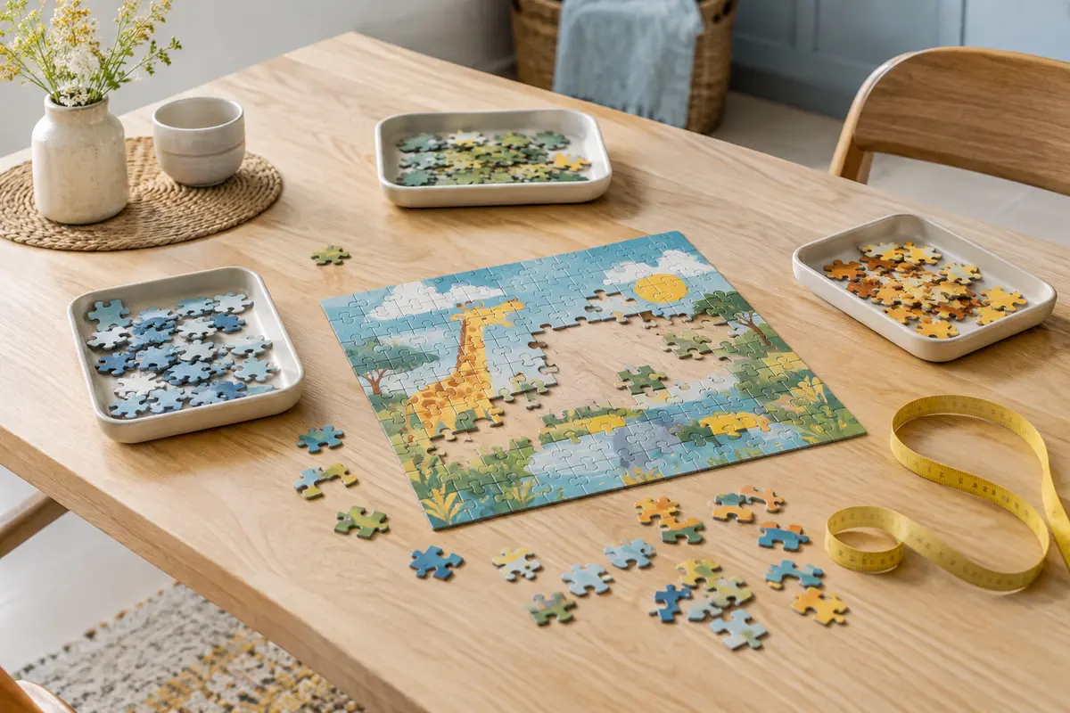 Puzzle enfant assemblé sur une table, entouré de pièces triées et d’un mètre ruban