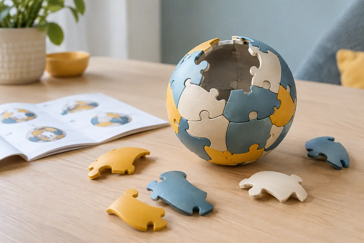 Puzzle balle partiellement assemblé sur une table, entouré de pièces courbes et d’une notice