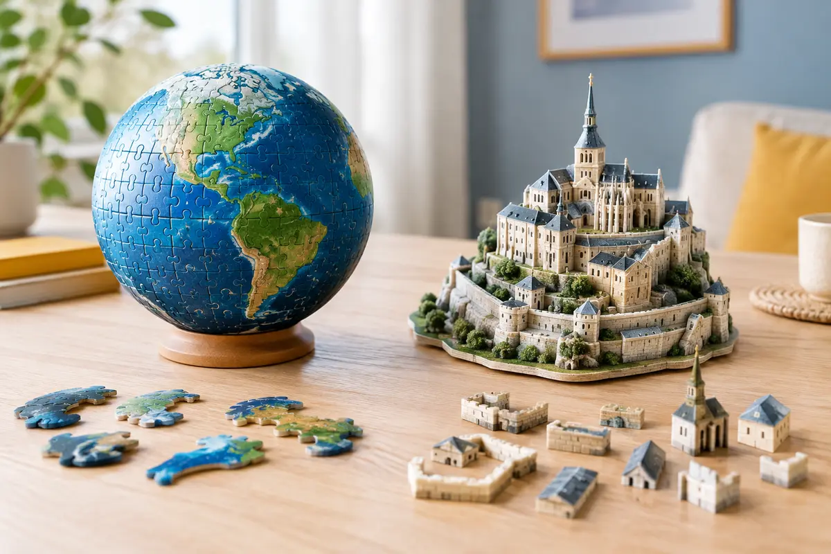 Un globe puzzle sphérique et une maquette 3D sont posés côte à côte avec quelques pièces.
