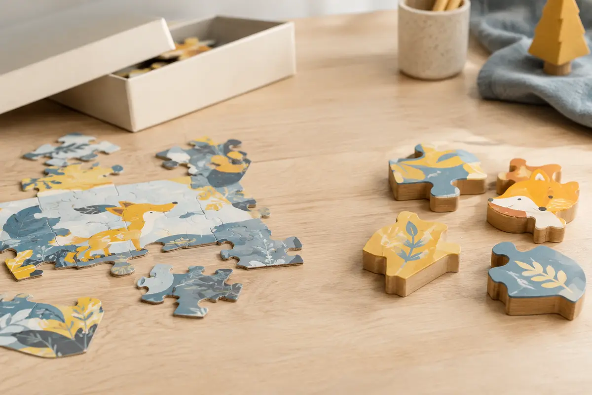 Pièces de puzzle en carton et en bois côte à côte sur une table claire