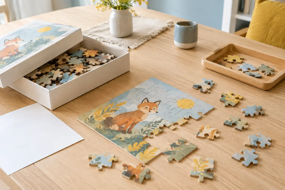 Puzzle en bois et pièces disposés près d’une notice et d’un emballage sans texte lisible