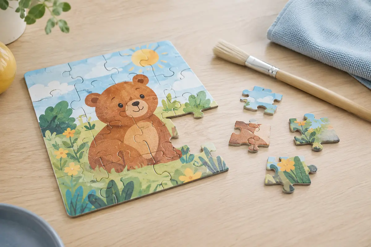 Puzzle enfant en carton et pièces près d’un pinceau doux et d’un chiffon sec sur une table