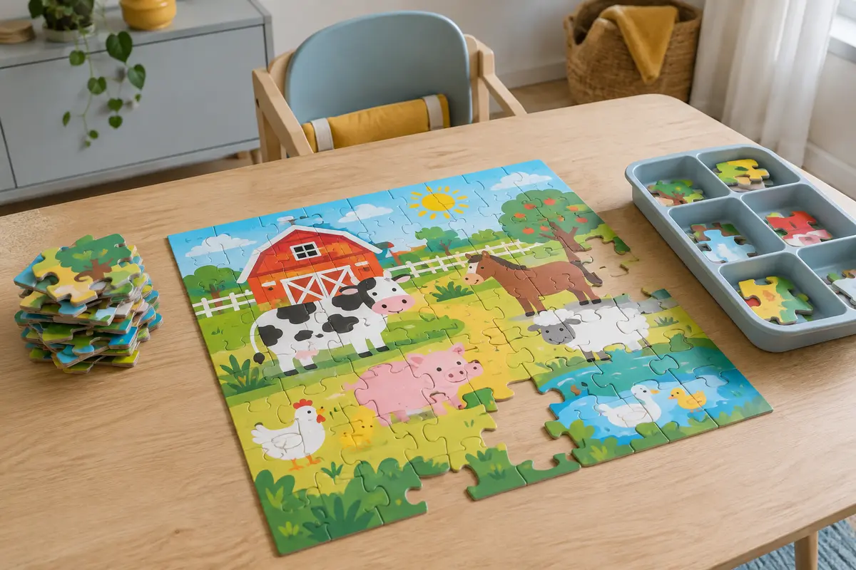 Puzzle enfant à grosses pièces aux animaux de la ferme en cours d’assemblage sur une table familiale, avec une pile de pièces, une chaise à rehausseur et un plateau de tri.