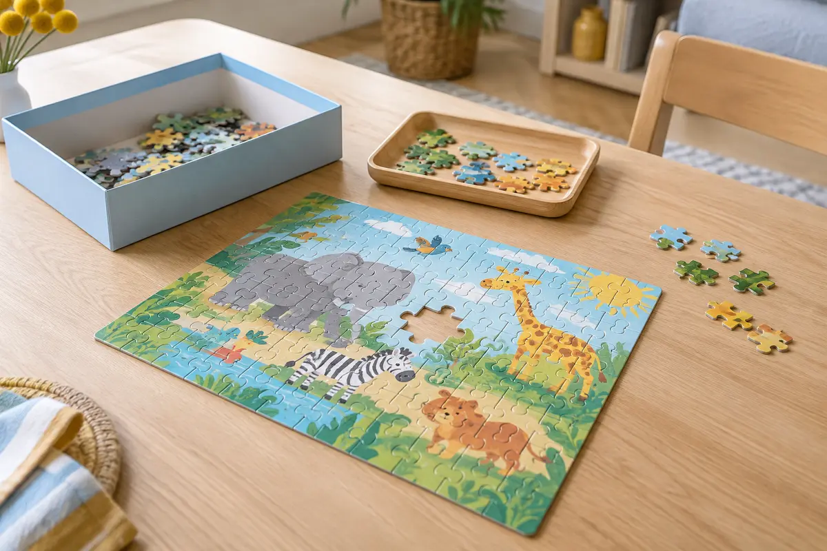 Puzzle enfant avec une case vide, une boîte ouverte et un plateau où les pièces sont triées