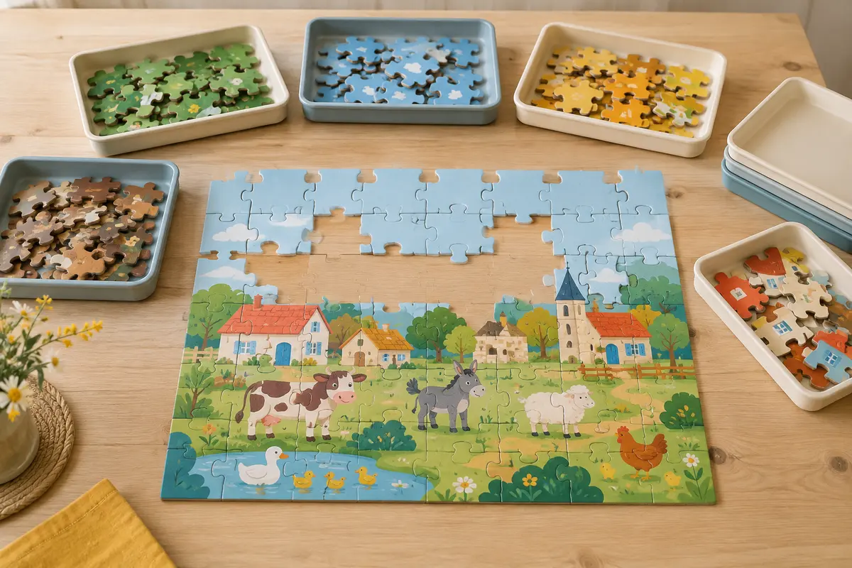 Puzzle enfant à très grosses pièces à moitié assemblé, entouré de plateaux où les pièces restantes sont triées par couleur, et pile de plateaux vides