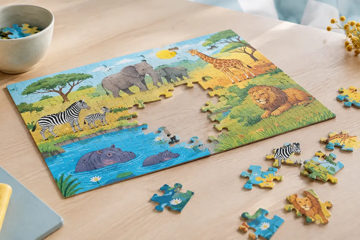 Puzzle classique pour enfant en cours d’assemblage, avec des zones colorées et des pièces séparées sur la table.