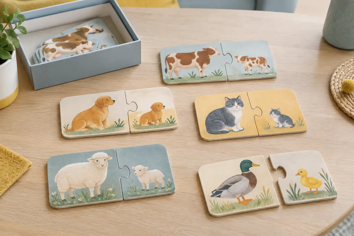 Paires de pièces de puzzle illustrées, réunies sur une table pour montrer des associations simples