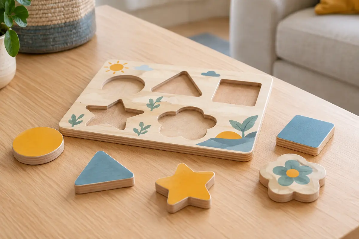 Puzzle à encastrement en bois avec des pièces colorées posées près des emplacements du plateau