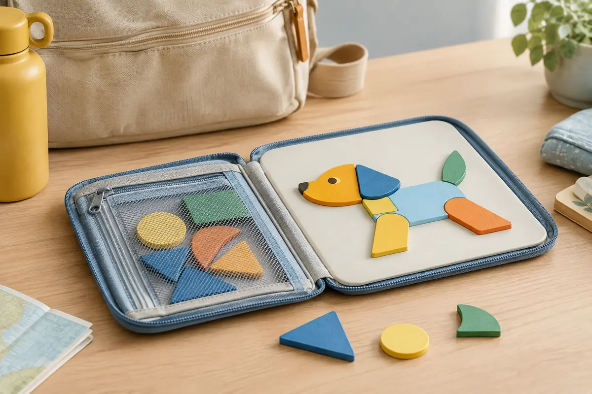 Puzzle magnétique ouvert sur une tablette, avec ses pièces et une pochette de rangement à côté