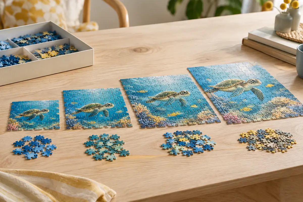 Plusieurs puzzles d’un même thème disposés par niveaux de difficulté croissante sur une table
