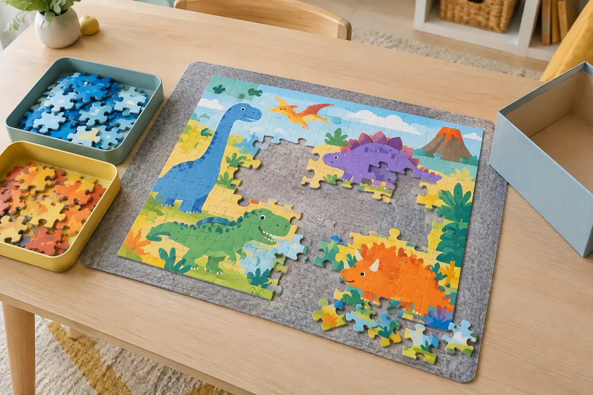 Puzzle enfant de dinosaures commencé sur un tapis en feutre gris, avec deux plateaux de pièces triées par couleur et une boîte de rangement ouverte.