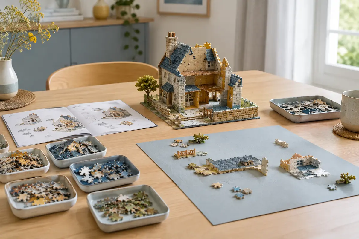 Table organisée pour un puzzle 3D, avec pièces triées, notice ouverte et maquette en cours de montage.