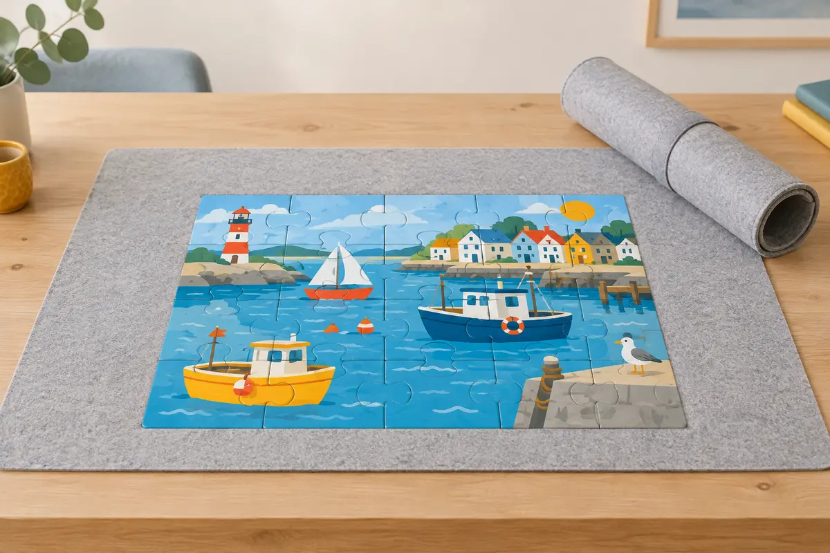 Puzzle enfant de vingt-quatre très grosses pièces assemblé au centre d’un tapis de feutre déroulé, avec une large marge et le tube de rangement