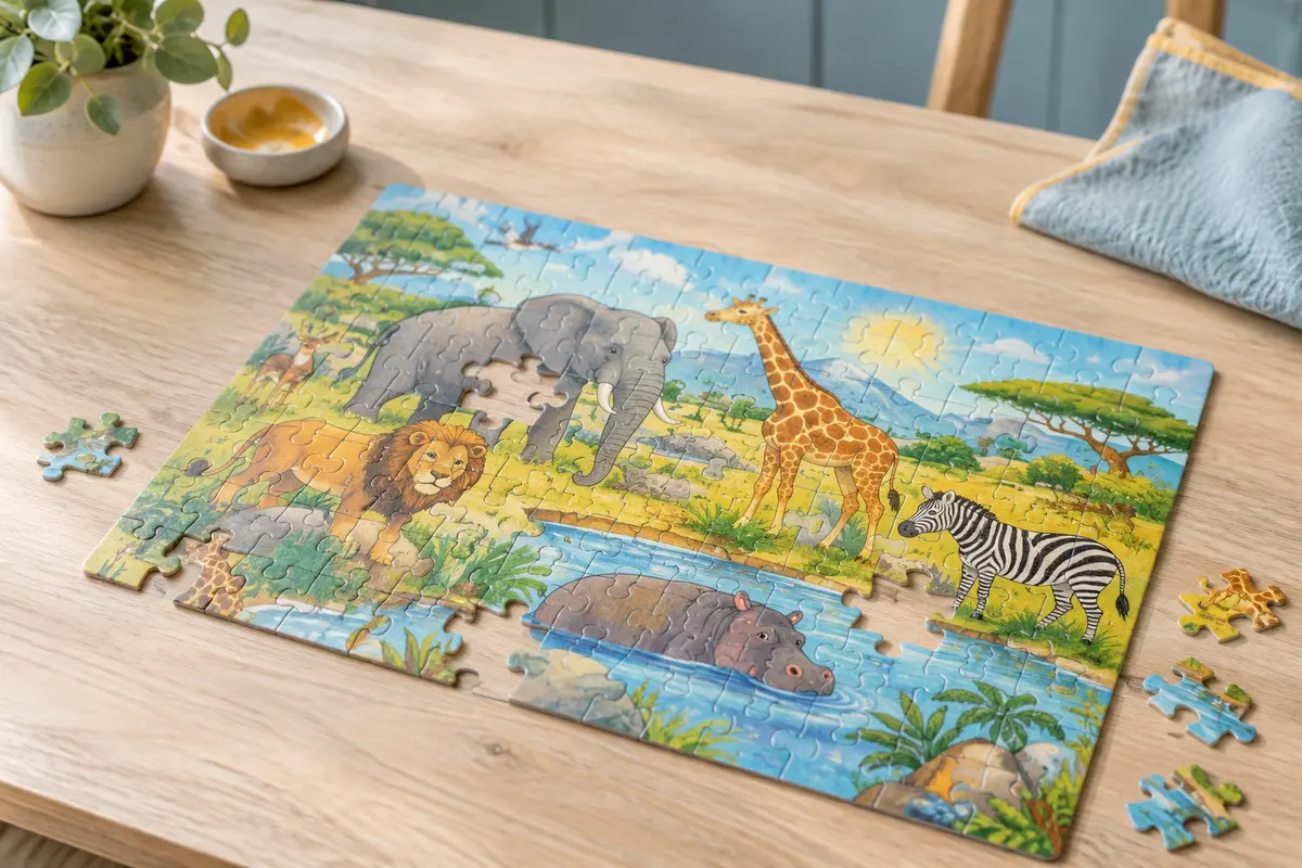 Puzzle enfant en cours d’assemblage, avec des animaux distincts et des pièces colorées bien repérables