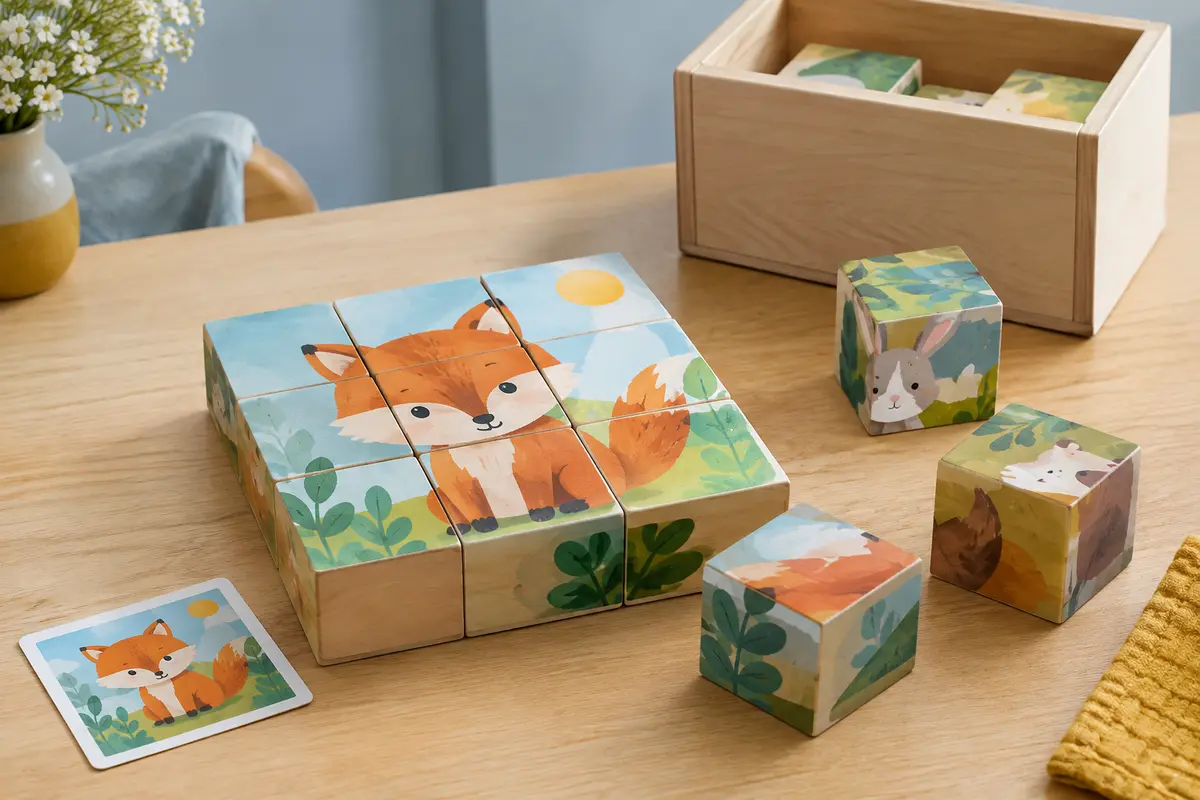 Puzzle à cubes en bois formant une image d’animaux, avec plusieurs faces illustrées visibles