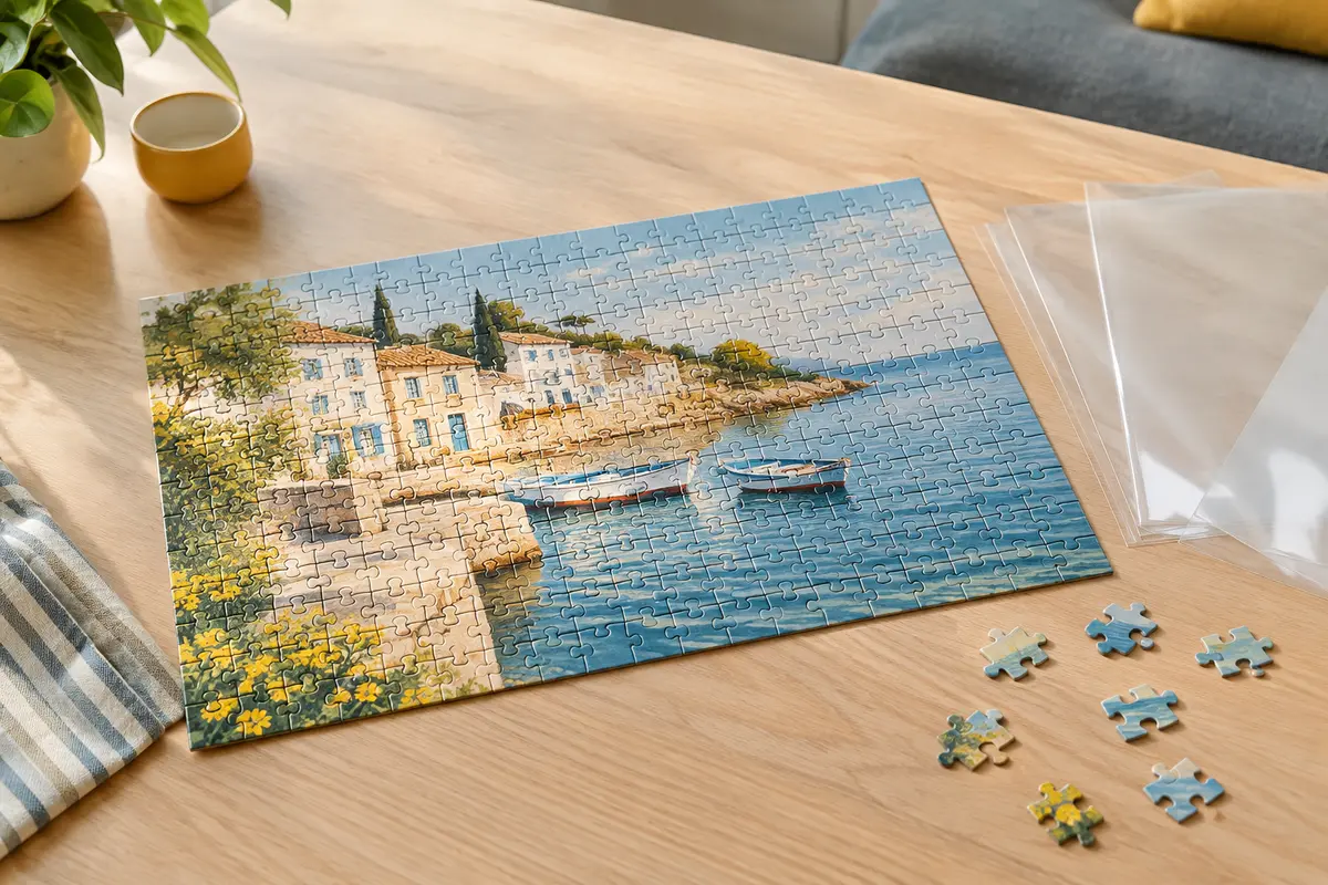 Puzzle assemblé et feuilles adhésives transparentes Ainiv posés sur une table en bois clair.