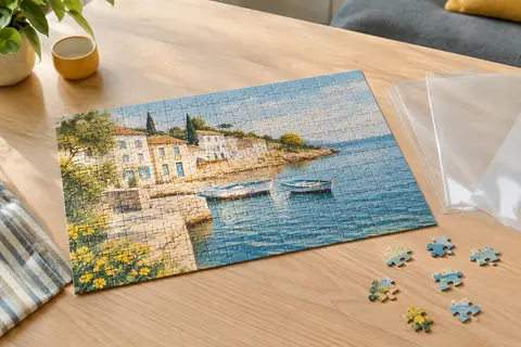 Puzzle assemblé et feuilles adhésives transparentes Ainiv posés sur une table en bois clair.