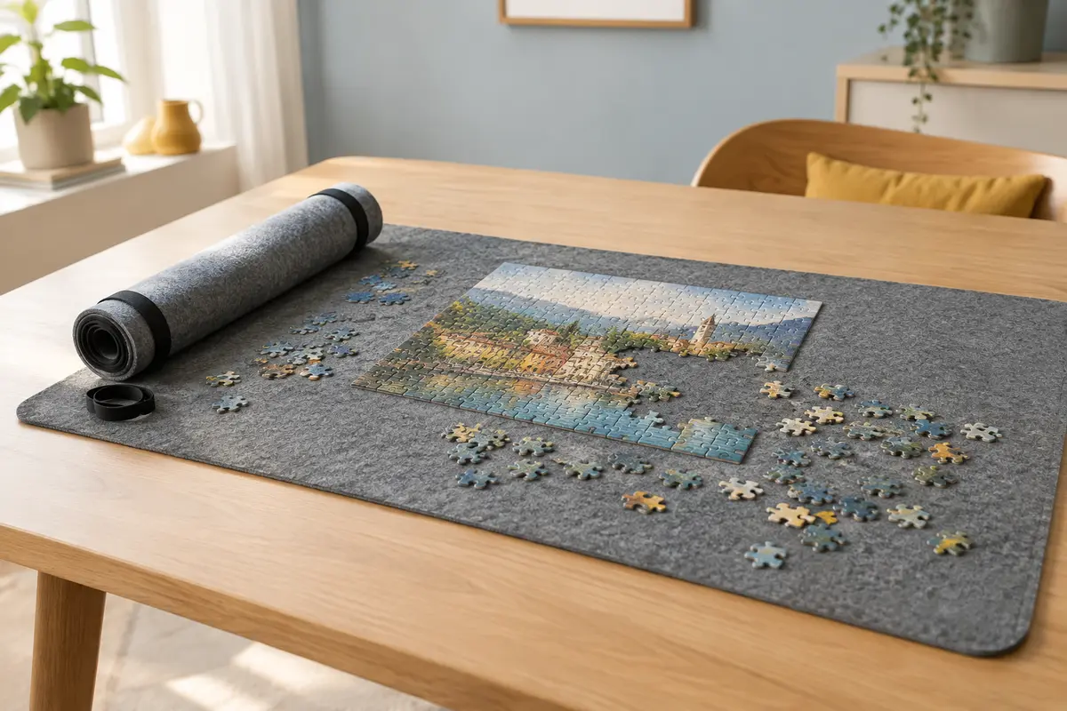 Tapis de puzzle Ainiv en feutre gris déroulé sur une table, avec pièces colorées et accessoires de rangement