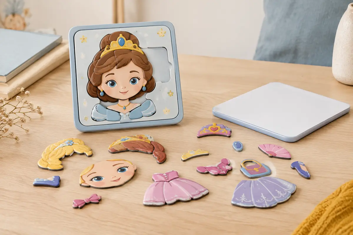 Puzzle magnétique à visages princesse et pièces posés sur une table en bois clair, avec sa face blanche.
