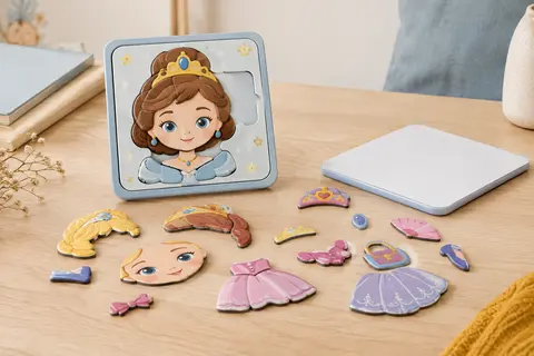 Puzzle magnétique à visages princesse et pièces posés sur une table en bois clair, avec sa face blanche.