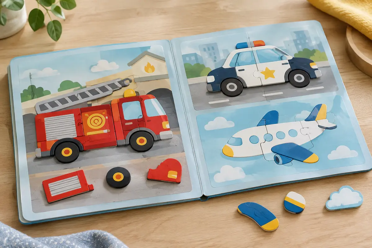 Livre de puzzles magnétiques ouvert, avec des pièces colorées formant un camion, une voiture et un avion.