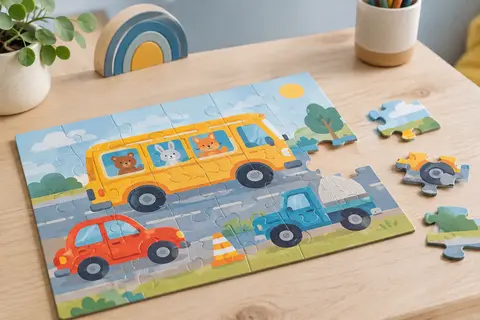 Puzzle en carton illustré de véhicules, avec quelques pièces détachées sur une table en bois clair