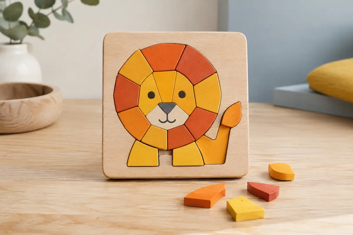 Puzzle magnétique en bois illustré d’un lion, avec quelques pièces posées sur une table claire